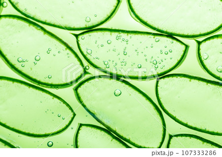 Aloe vera slice texture with gel on green background. Medicinal plant. Flat lay. Top view. Natural herbal medical plant, skincare, healthcare and beauty spa concept. 107333286