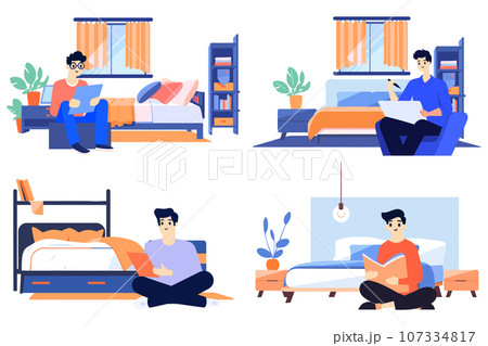 Hand Drawn A male character is reading a book in the bedroom in flat style 107334817