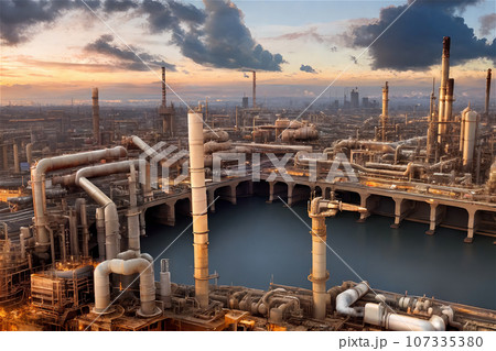工業地帯の煙突や配管　1 107335380