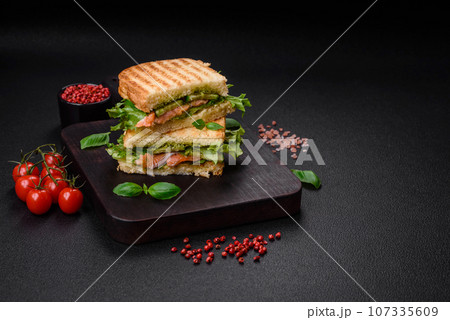 Delicious crispy sandwich with toast, salmon, avocado, tomatoes, salt, spices and herbs 107335609