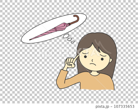傘を持っていくか又は無くしたのか考えてる女性 107335653