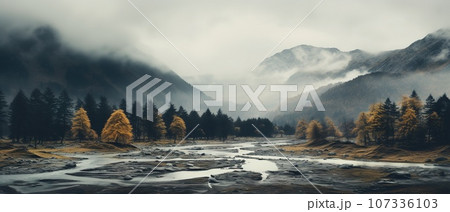 Spooky autumn mountains covered in fog, creating a mysterious and eerie atmosphere. 107336103