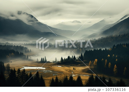 Spooky autumn mountains covered in fog, creating a mysterious and eerie atmosphere. Spooky autumn mountains covered in fog, creating a mysterious and eerie atmosphere. 107336116