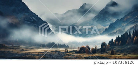 Spooky autumn mountains covered in fog, creating a mysterious and eerie atmosphere. 107336120