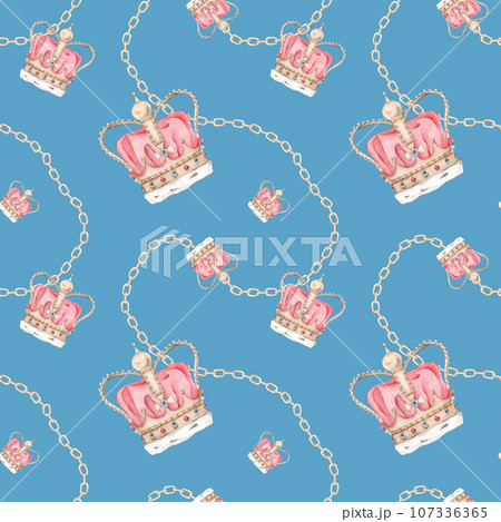 Seamless pattern watercolor with hand draw illustration royal gold crown with precious stones sapphire and emerald, gold chain, jewelry. Coranation, king, queen. Illustration for postcards, textile. 107336365