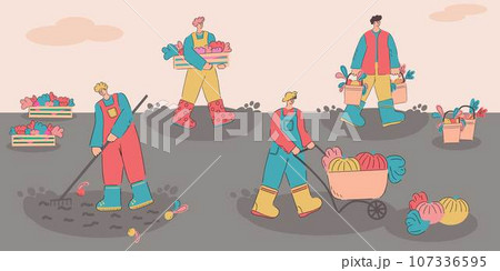 A set of characters who are harvesting. Agricultural autumn work. Flat illustration 107336595