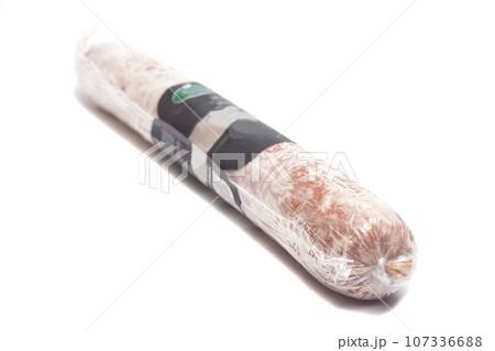 Close-up of smoked vegan sausage isolated on white background. 107336688