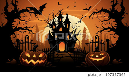 ハロウィーンのかぼちゃと城の背景イラスト　AI画像 107337363