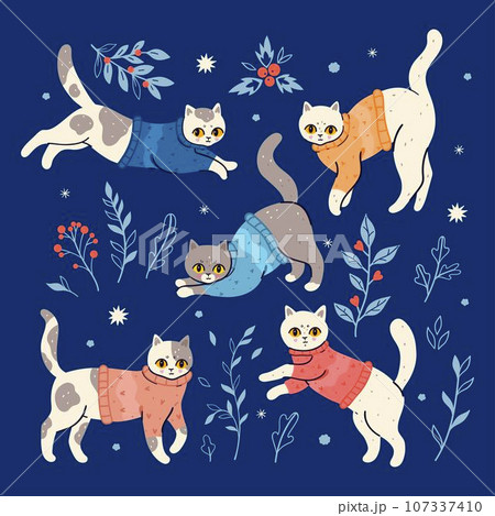 Set of five winter cats in sweaters. Vector graphics. 107337410