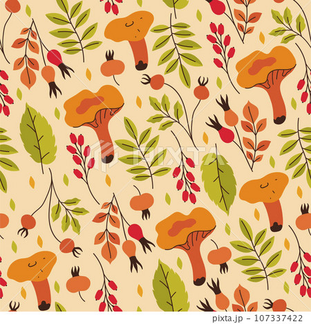 Autumn seamless pattern with chanterelle mushrooms, leaves and berries. Vector graphics. 107337422