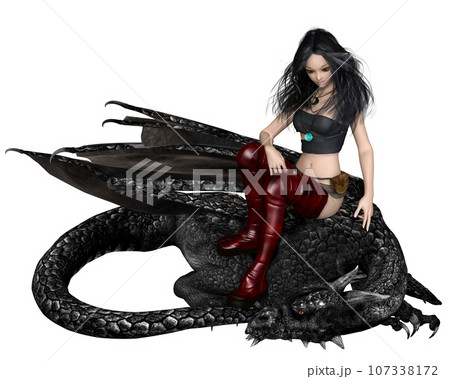 Female Dragon Tamer Sitting on a Black Dragon 107338172