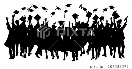 Crowd of graduates in mantles, throws up the square academic caps. Graduated student. Happy Graduation Activity Silhouettes. 107338372