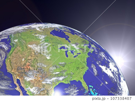 アメリカ カナダ他 北米 地図風 くっきり地球 朝陽 夜明け(3DCGイメージ) アメリカ カナダ他 北米 地図風 くっきり地球 朝陽 夜明け(3DCGイメージ) 107338407