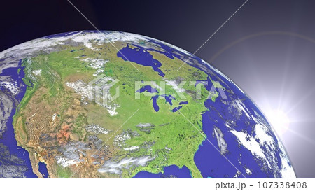 アメリカ　カナダ他　北米　地図風　くっきり地球　朝陽　夜明け(3DCGイメージ)ワイドサイズ 107338408