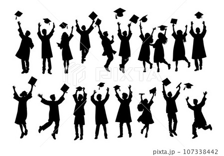 Crowd of graduates in mantles, throws up the square academic caps. Graduated student. Happy Graduation Activity Silhouettes. 107338442