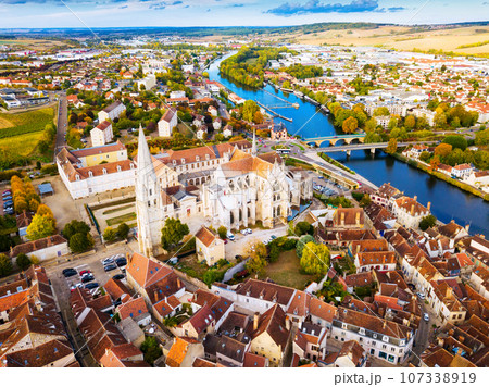 Aerial view of famous old town Auxerre with river in France Aerial view of famous old town Auxerre with river in France 107338919