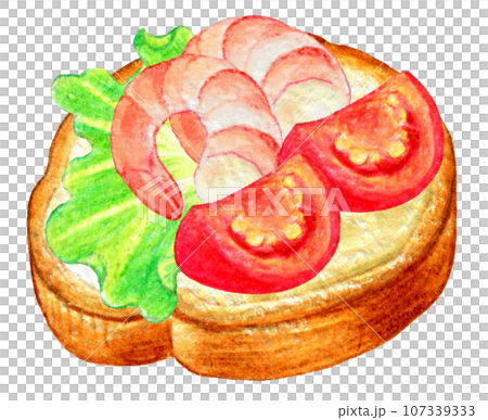 Colored pencil drawing of Christmas hors d’oeuvre French bread canapé Colored pencil drawing of Christmas hors d’oeuvre French bread canapé 107339333