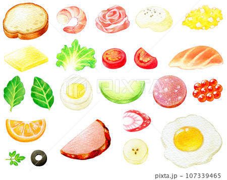 クリスマスのオードブル　フランスパンのカナッペ食材セット色鉛筆画 107339465