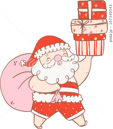 Cute Summer Santa Claus with gifts, kawaii Christmas cartoon doodle  outline 107340543