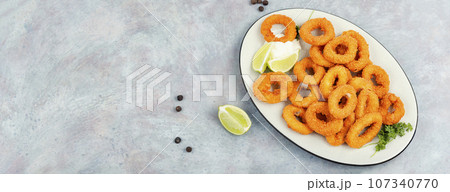 Frying rings of squid, copy space. 107340770