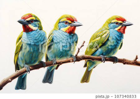 Image of group of blue-throated barbet bird on a branch on a white background. Birds. Animals. Illustration, Generative AI. 107340833