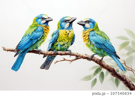 Image of group of blue-throated barbet bird on a branch on a white background. Birds. Animals. Illustration, Generative AI. 107340834