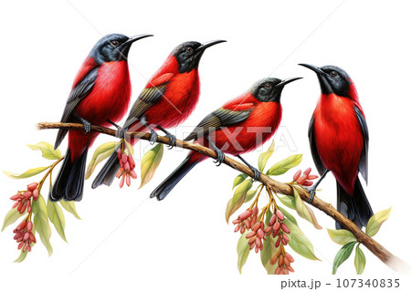 Image of group of crimson sunbird on a branch on a white background. Birds. Animals. Illustration, Generative AI. 107340835