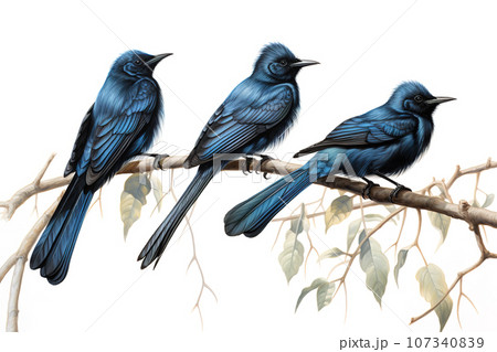 Image of group of balicassiao bird on a branch on a white background. Birds. Animals. Illustration, Generative AI. Image of group of balicassiao bird on a branch on a white background. Birds. Animals. Illustration, Generative AI. 107340839