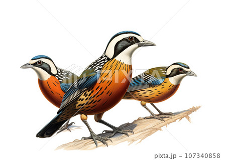 Image of group of malayan banded pitta on a branch on a white background. Birds. Animals. Illustration, Generative AI. Image of group of malayan banded pitta on a branch on a white background. Birds. Animals. Illustration, Generative AI. 107340858