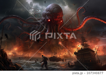 Image of an octopus demon with a frightening atmosphere. Undersea animals. Illustration, Generative AI. Image of an octopus demon with a frightening atmosphere. Undersea animals. Illustration, Generative AI. 107340877