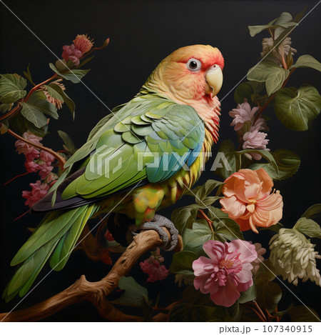 Image of alexandrine parakeet on the branch surrounded by beautiful flowers. Birds, Illustration, Generative AI. 107340915