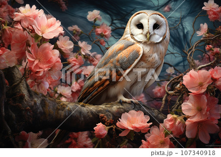 Image of a barn owl surrounded by beautiful flowers. Birds, Illustration, Generative AI. 107340918