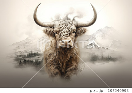Image of abstract fantasy of highlander cow scotland, Wildlife Animals, Illustration, Generative AI. 107340998