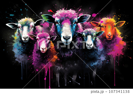 Image of herd of colorful sheep on black background. Farm animals. Generative AI, Illustration. Image of herd of colorful sheep on black background. Farm animals. Generative AI, Illustration. 107341138