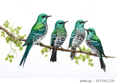 Image of group of asian emerald cuckoo on a branch on a white background. Birds. Animals. Illustration, Generative AI. Image of group of asian emerald cuckoo on a branch on a white background. Birds. Animals. Illustration, Generative AI. 107341219