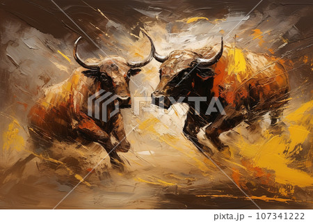 Beautiful paintings two bulls are fighting fiercely. Wildlife Animals, Generative AI, Illustration. 107341222