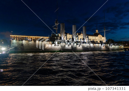 Russia. Saint-Petersburg. July 8, 2023. Night view of the cruiser Aurora. 107341331