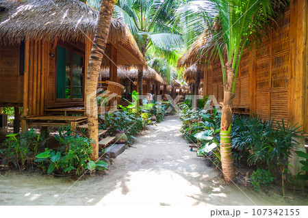 heavenly vacation on phi phi don island in thailand in a hotel with bamboo bungalow among palm trees 107342155