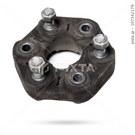 Rubber coupling of the propeller shaft for smooth transmission of torque from the engine to the gearbox and wheels of the car for repair and replacement in a car service. Rubber coupling of the propeller shaft for smooth transmission of torque from the engine to the gearbox and wheels of the car for repair and replacement in a car service. 107342179