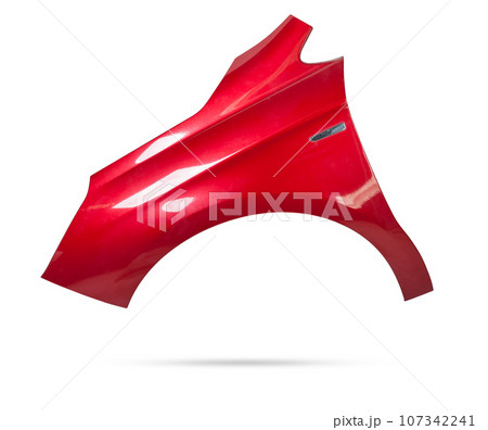Red metallic fender on a white isolated background in a photo studio for sale or replacement in a car service. Mudguard on auto-parsing for repair or a device to protect the body from dirt. 107342241