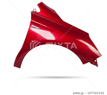 Red metallic fender on a white isolated background in a photo studio for sale or replacement in a car service. Mudguard on auto-parsing for repair or a device to protect the body from dirt. 107342242