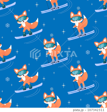 Winter sport fox on skis, sled, snowboard, skates. seamless pattern. 107342311