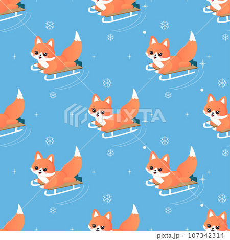Winter sport fox on skis, sled, snowboard, skates. seamless pattern. Winter sport fox on skis, sled, snowboard, skates. seamless pattern. 107342314