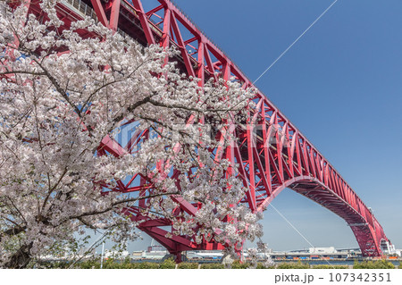 南港側から見た阪神高速の港大橋と桜 107342351