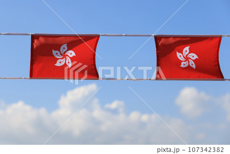 hong kong flag set up in the event for celebrating the National Day of the People's Republic of China 74 th anniversary in market of Sheung Wan, Hong Kong 107342382