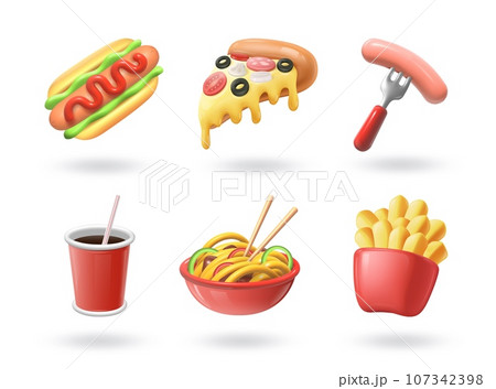 3D fast food. Burger or fried potato. Sausage on fork. Cola in glass. Takeaway junk snack. Pizza for restaurant menu. Bread with meat. Noodle bowl with chopsticks. Vector render objects set 3D fast food. Burger or fried potato. Sausage on fork. Cola in glass. Takeaway junk snack. Pizza for restaurant menu. Bread with meat. Noodle bowl with chopsticks. Vector render objects set 107342398