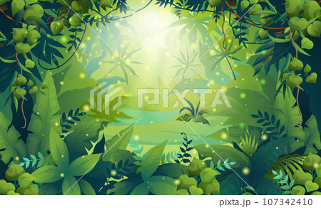 Forest background. Game landscape. Magic tropic frame. Green leaves. Natural plants. Foliage world. Palm tree. Ferns and lianas. Light sparks. Nature panorama. Vector cartoon illustration Forest background. Game landscape. Magic tropic frame. Green leaves. Natural plants. Foliage world. Palm tree. Ferns and lianas. Light sparks. Nature panorama. Vector cartoon illustration 107342410