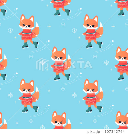 Winter sport fox on skis, sled, snowboard, skates. seamless pattern. Winter sport fox on skis, sled, snowboard, skates. seamless pattern. 107342744