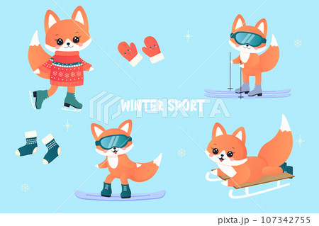 winter sports set. fox on skis, sledge, snowboard, skates. 107342755