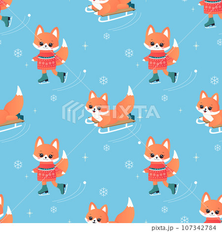 Winter sport fox on skis, sled, snowboard, skates. seamless pattern. 107342784
